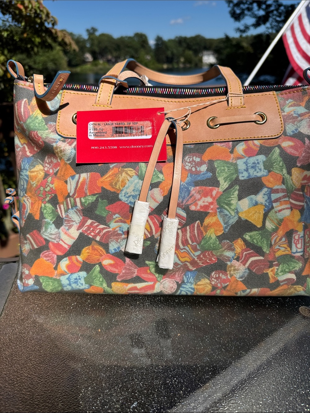 Dooney & Bourke Multicolor Candy-Print Tote with Tan Leather Trim